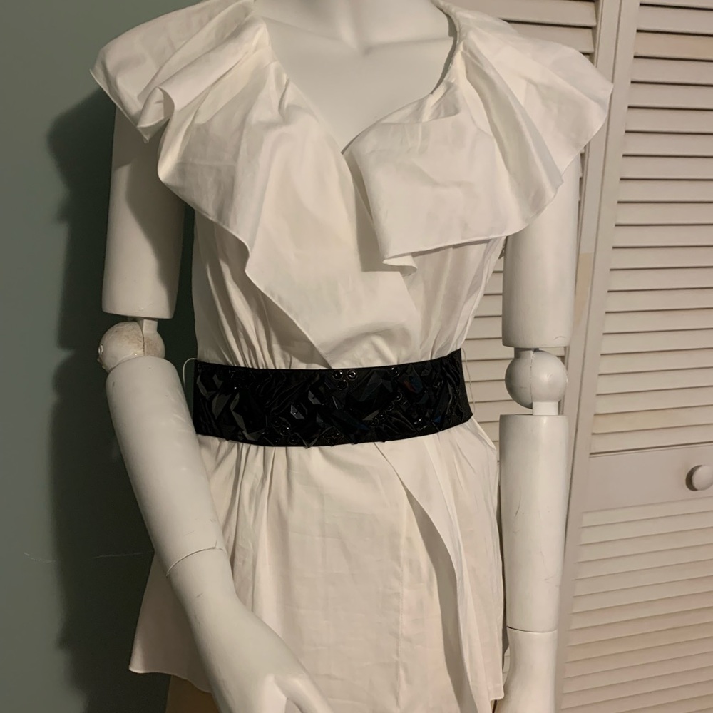 BCBG Max Azria White Ruffled Belted Shirt